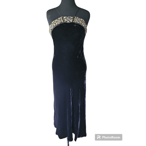 Badgley Mischka Womens Velvet Beaded Sleeveless Gown Dress Black Size‎ 8 JT01 - Picture 1 of 12